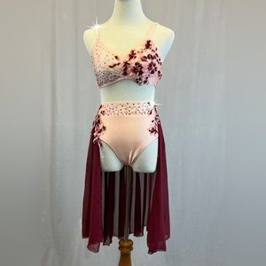 Baby Pink Bra Top and Trunks with Maroon Back Skirt and Appliques -
Rhinestones